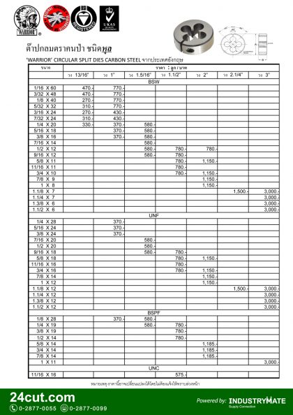 แคตตาล็อกสินค้า (Product Catalog) จำหน่ายราคาพิเศษ มีส่วนลด สนใจติดต่อสั่งซื้อ บริษัท อินดัสทรีเมท จำกัด โทร 0-2877-0055 จัดส่งทั่วประเทศ เครื่องมือตัดแต่งโลหะ (Cutting Tools) ดอกต๊าป ยี่ห้อ คนป่า (Hand Taps ยี่ห้อ WARRIOR)
