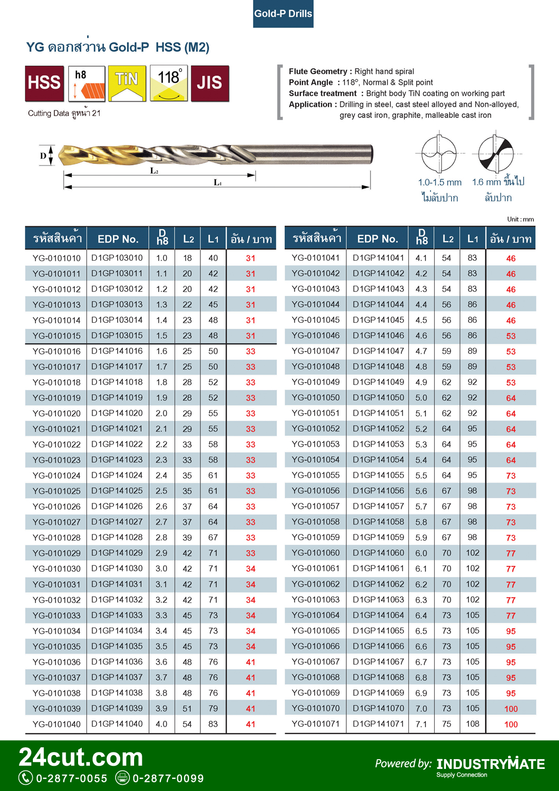 ดอกสว่าน สีทอง Gold-P ยี่ห้อ YG
