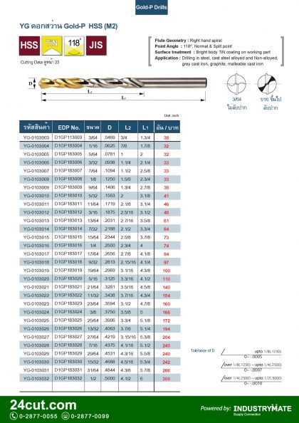 แคตตาล็อกสินค้า (Product Catalog) จำหน่ายราคาพิเศษ มีส่วนลด สนใจติดต่อสั่งซื้อ บริษัท อินดัสทรีเมท จำกัด โทร 0-2877-0055 จัดส่งทั่วประเทศ เครื่องมือตัดแต่งโลหะ (Cutting Tools) แคตตาลอค ดอกสว่าน สีทอง Gold-P ยี่ห้อ YG