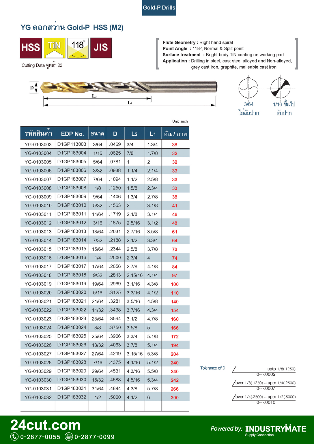 แคตตาล็อกสินค้า (Product Catalog) จำหน่ายราคาพิเศษ มีส่วนลด สนใจติดต่อสั่งซื้อ บริษัท อินดัสทรีเมท จำกัด โทร 0-2877-0055 จัดส่งทั่วประเทศ เครื่องมือตัดแต่งโลหะ (Cutting Tools) แคตตาลอค ดอกสว่าน สีทอง Gold-P ยี่ห้อ YG