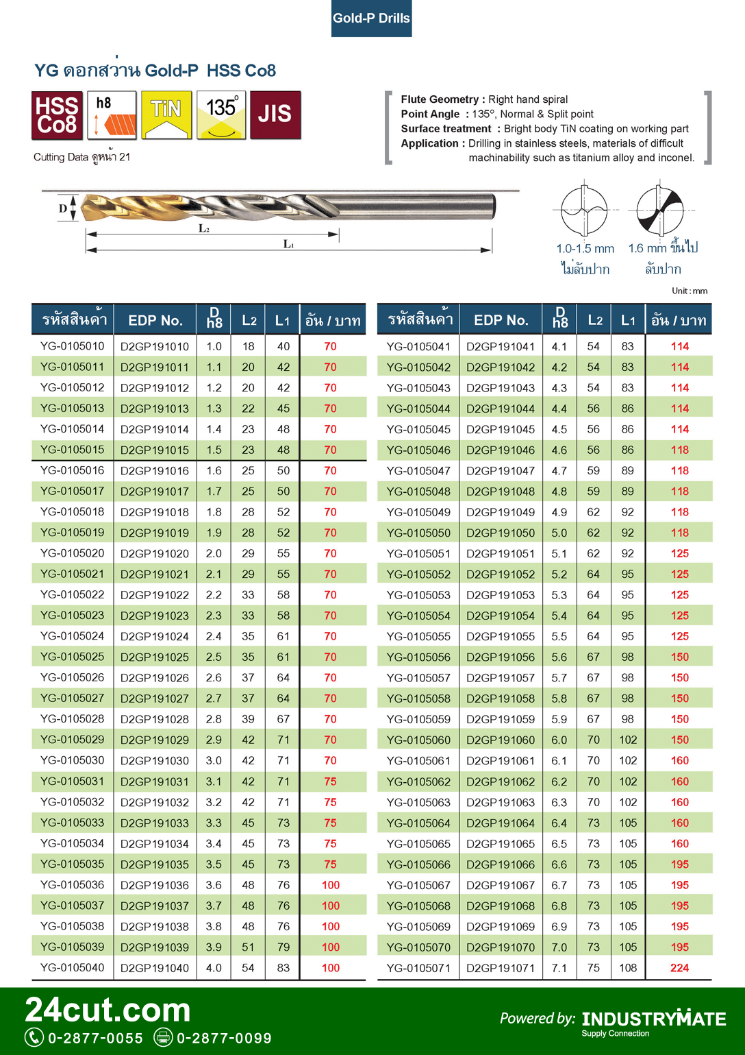 ดอกสว่าน สีทอง Gold-P Cobolt ยี่ห้อ YG