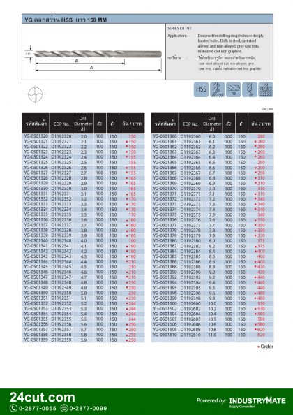 แคตตาล็อกสินค้า (Product Catalog) จำหน่ายราคาพิเศษ มีส่วนลด สนใจติดต่อสั่งซื้อ บริษัท อินดัสทรีเมท จำกัด โทร 0-2877-0055 จัดส่งทั่วประเทศ เครื่องมือตัดแต่งโลหะ (Cutting Tools) แคตตาลอค ดอกสว่าน HSS (HSS Twist Drills) ยี่ห้อ YG