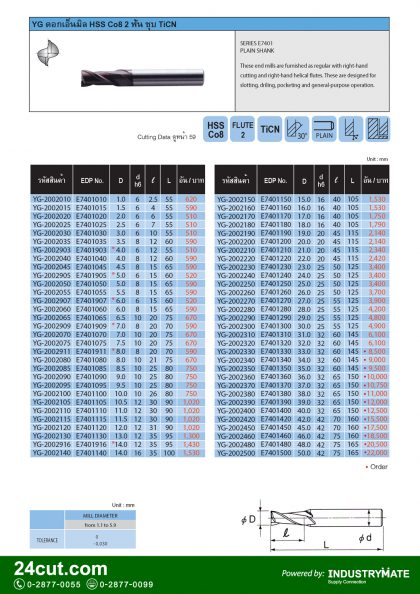 ดอกเอ็นมิล HSS CO8 2 ฟัน ชุบ TiCN ยี่ห้อ YG