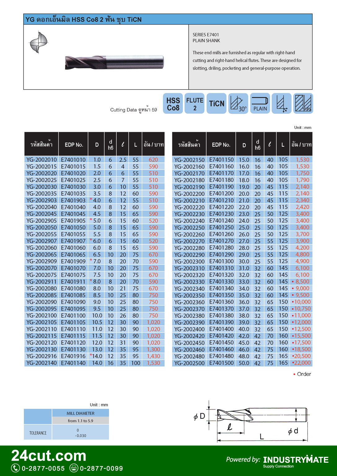 ดอกเอ็นมิล HSS CO8 2 ฟัน ชุบ TiCN ยี่ห้อ YG