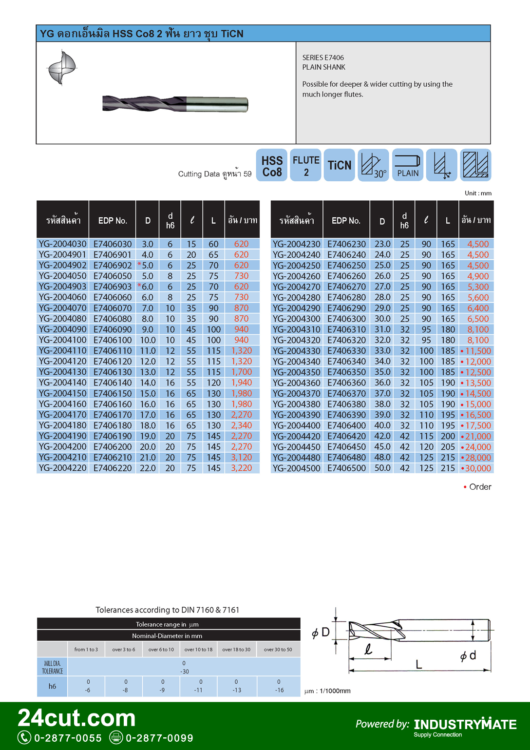 ดอกเอ็นมิล HSS CO8 2 ฟัน ชุบ TiCN รุ่นยาว ยี่ห้อ YG