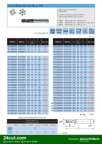 ดอกเอ็นมิล HSS CO8 4 ฟัน ชุบ TiCN ยี่ห้อ YG