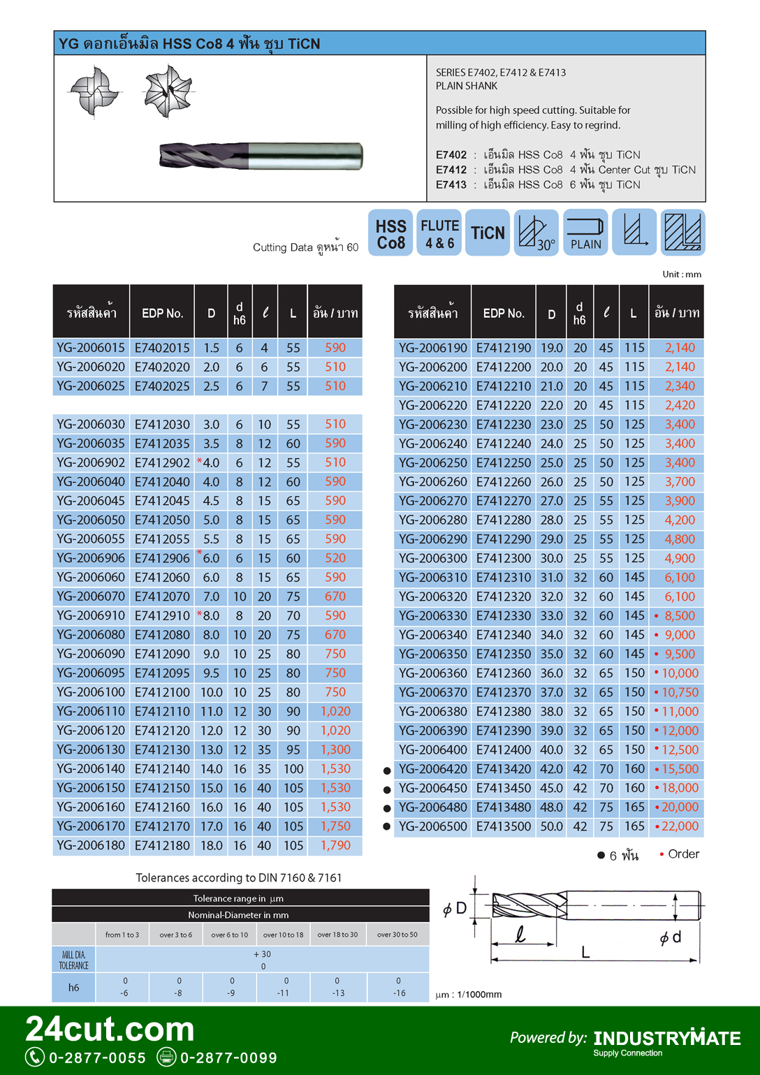 ดอกเอ็นมิล HSS CO8 4 ฟัน ชุบ TiCN ยี่ห้อ YG