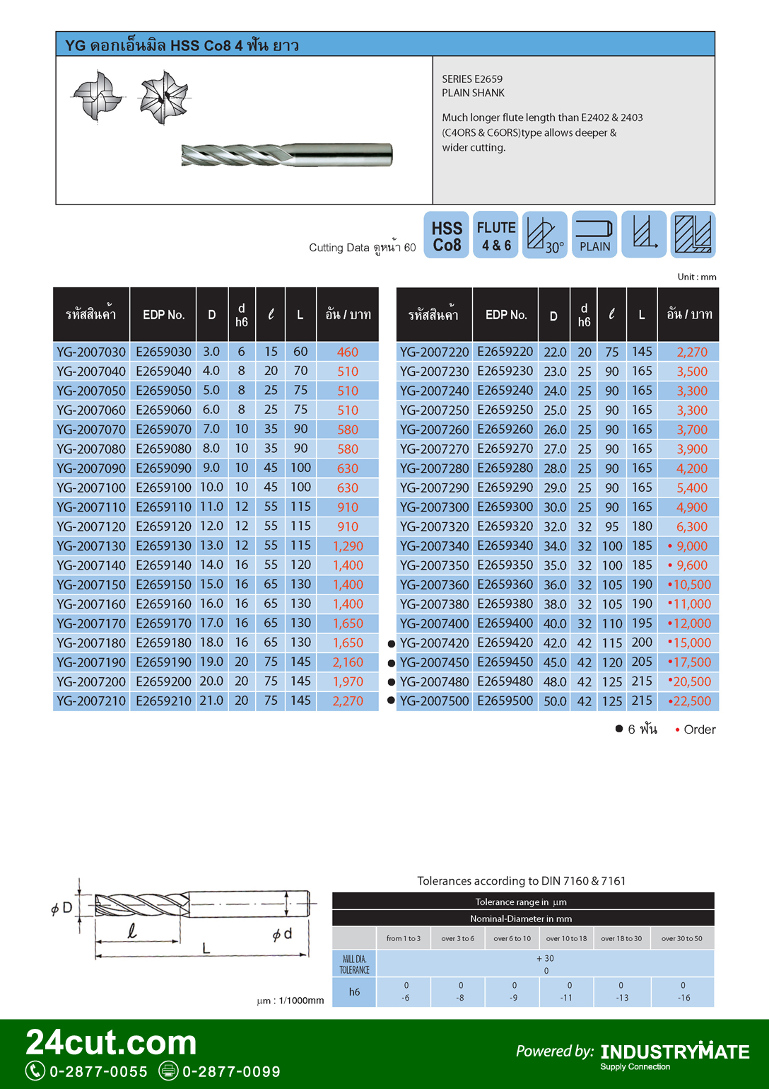 ดอกเอ็นมิล HSS CO8 4 ฟัน รุ่นยาว ยี่ห้อ YG
