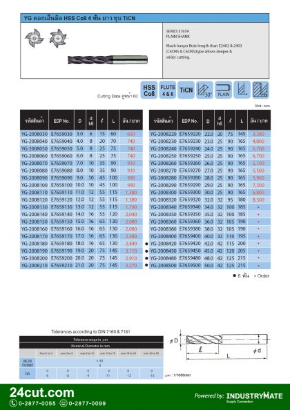 YG ดอกเอ็นมิล HSS CO8 4 ฟัน ชุบ TiCN รุ่นยาว