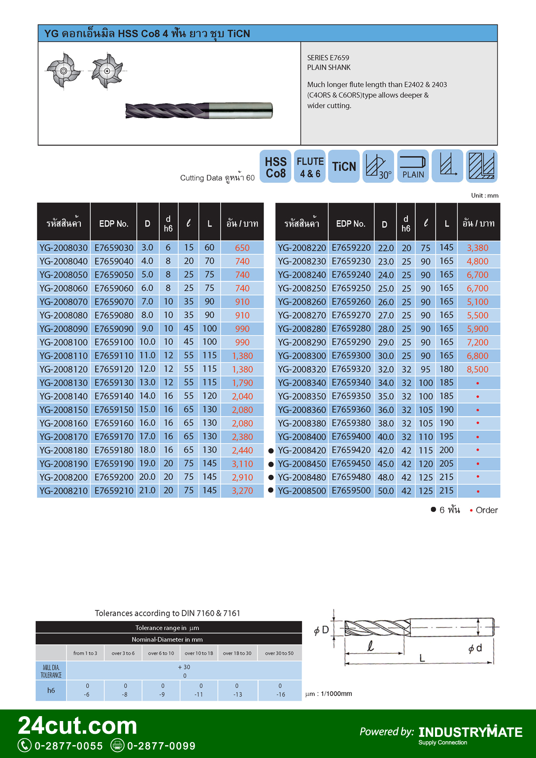 YG ดอกเอ็นมิล HSS CO8 4 ฟัน ชุบ TiCN รุ่นยาว