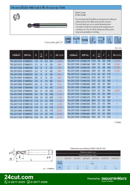 ดอกเอ็นมิล HSS CO8 2 ฟัน หัวบอล ชุบ TiCN ยี่ห้อ YG