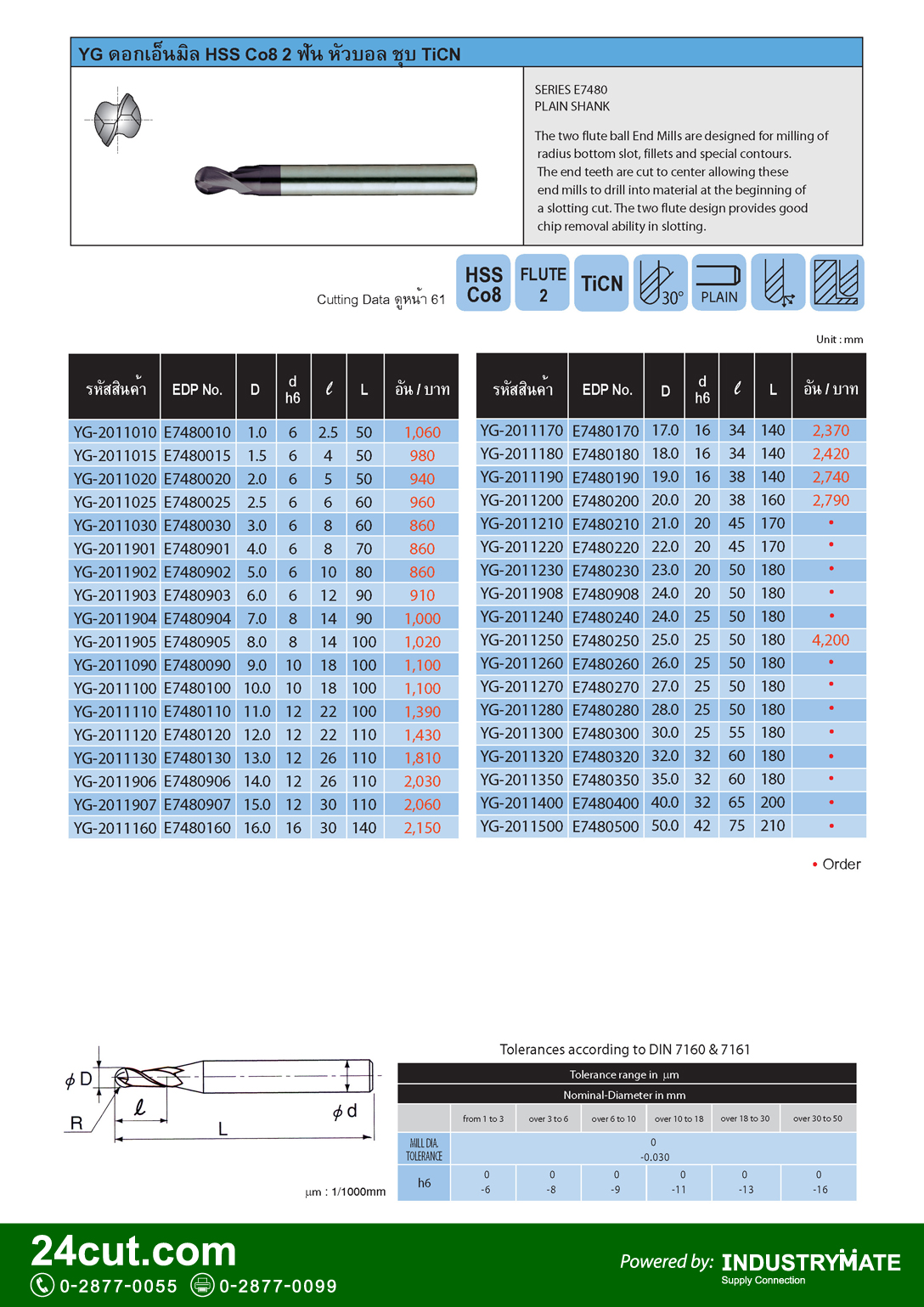 ดอกเอ็นมิล HSS CO8 2 ฟัน หัวบอล ชุบ TiCN ยี่ห้อ YG