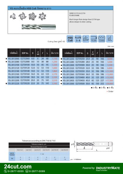 ดอกเอ็นมิล กัดหยาบ HSS CO8 รุ่นยาว ยี่ห้อ YG