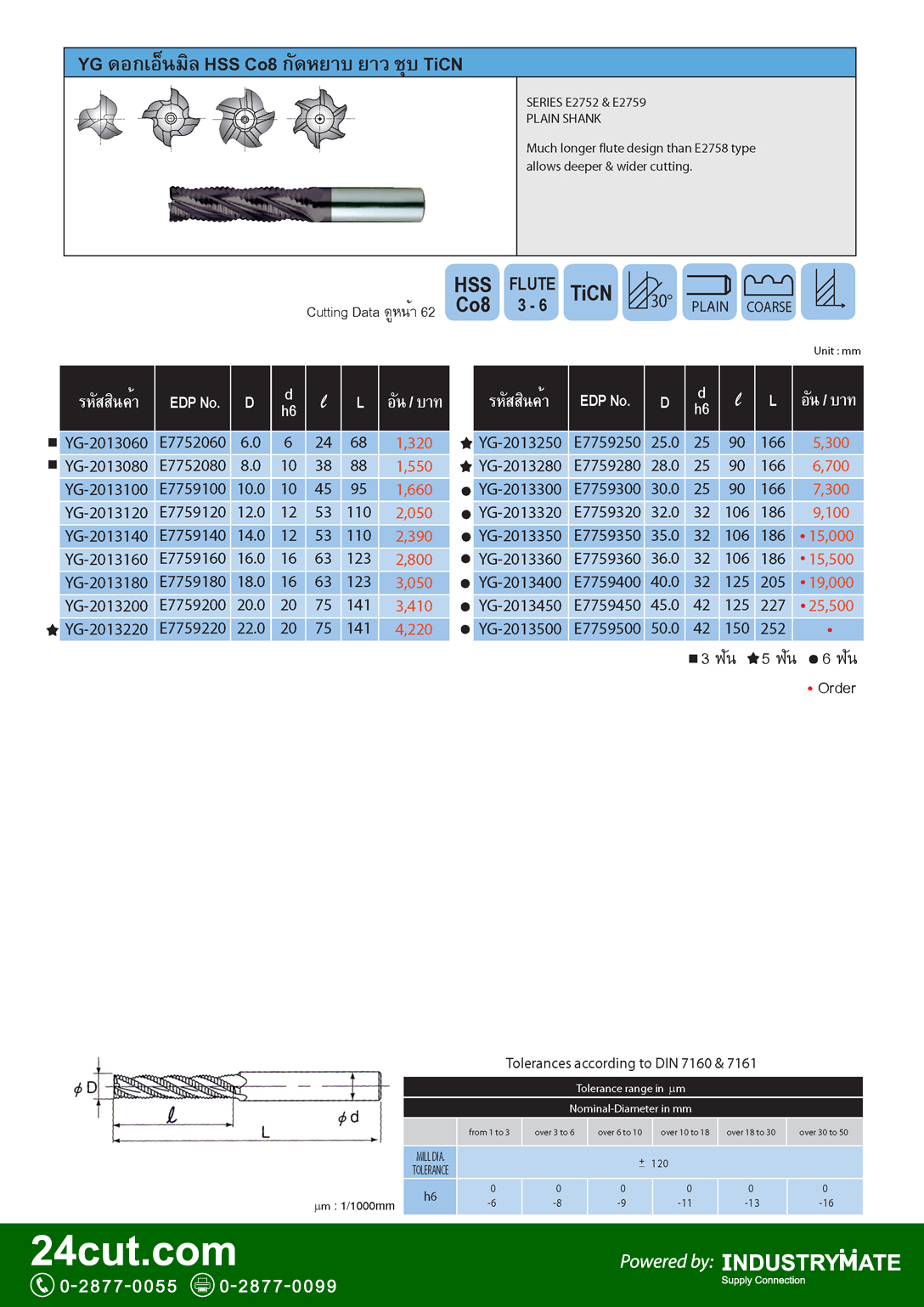 ดอกเอ็นมิล กัดหยาบ HSS CO8 ชุบ TiCN รุ่นยาว ยี่ห้อ YG