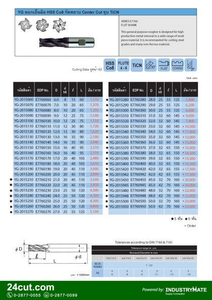 ดอกเอ็นมิล กัดหยาบ HSS CO8 ชุบ TiCN รุ่น Center Cut ยี่ห้อ YG