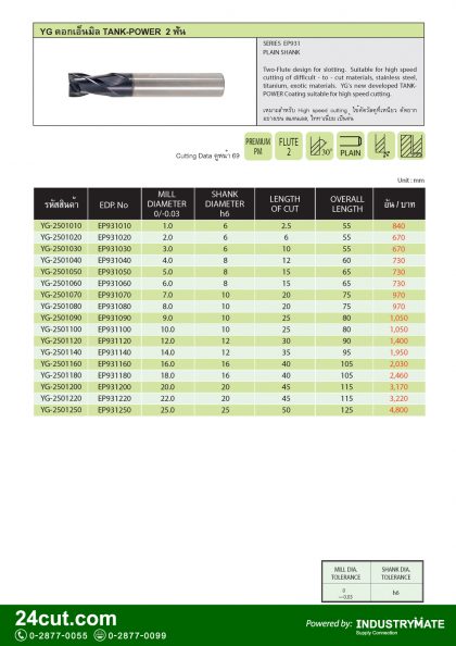 YG ดอกเอ็นมิล Tank Power 2 ฟัน