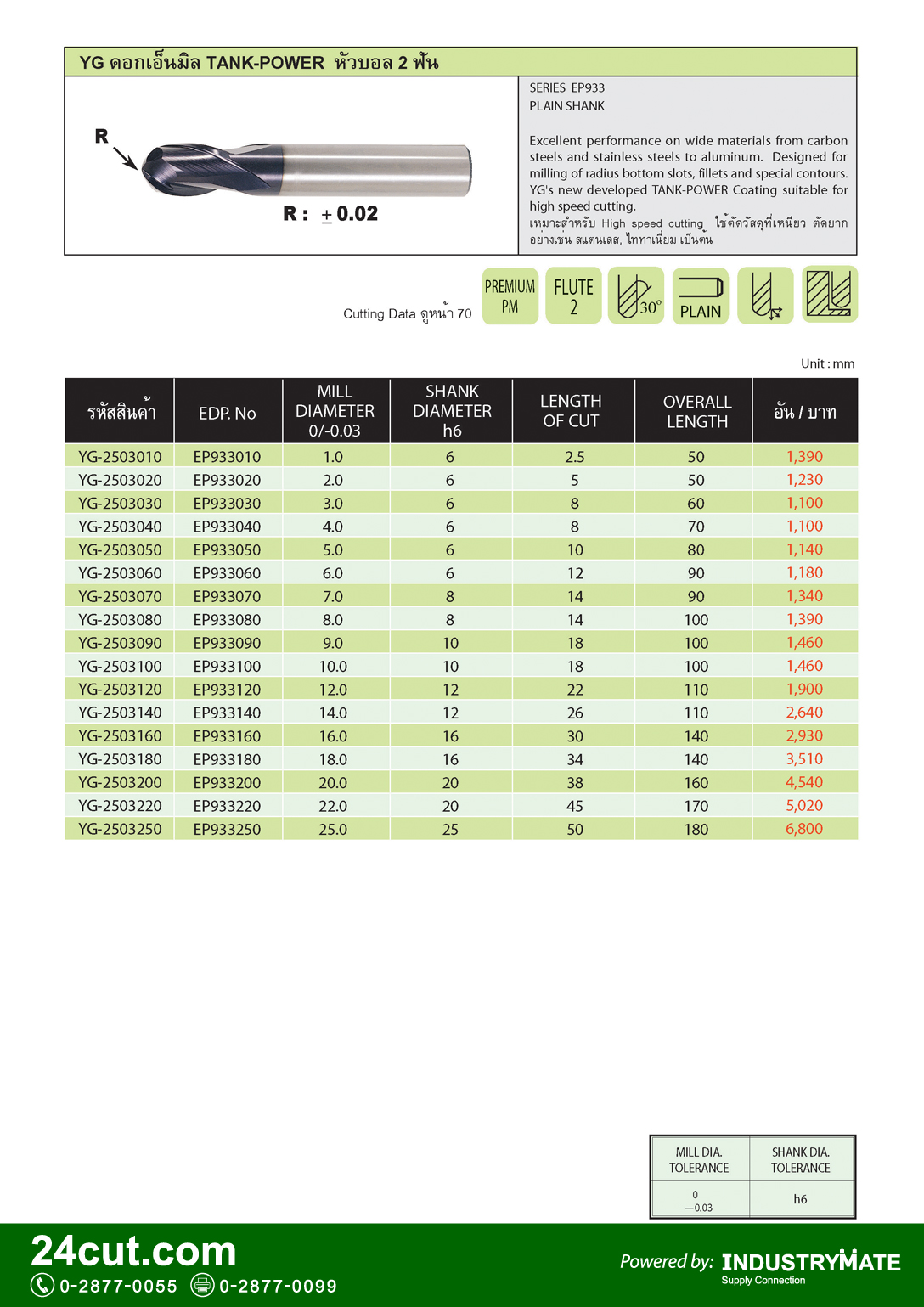 YG ดอกเอ็นมิล Tank Power หัวบอล 2 ฟัน