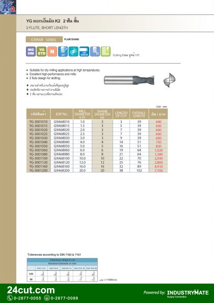 YG ดอกเอ็นมิล K-2 คาร์ไบด์ 2 ฟัน สั้น