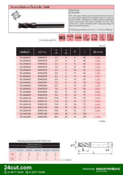 YG เอ็นมิล คาร์ไบด์ 4 ฟัน ชุบ TiAlN